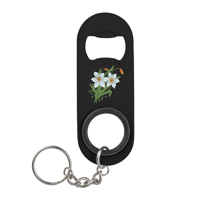 Tulips and Daffodils Flowers Black Background Keychain Bottle Opener (Front)