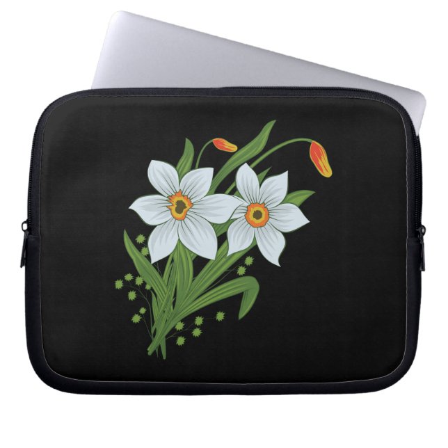 Tulips and Daffodils Flowers Black Background Laptop Sleeve (Front)