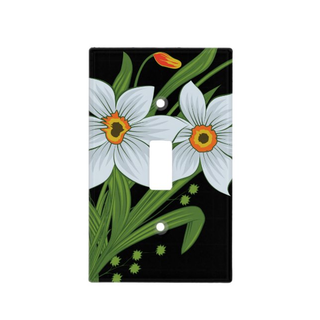 Tulips and Daffodils Flowers Black Background Light Switch Cover (Front)