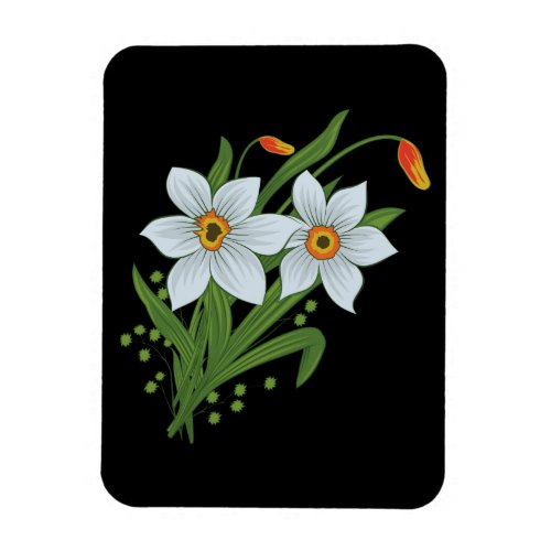 Tulips and Daffodils Flowers Black Background Magnet