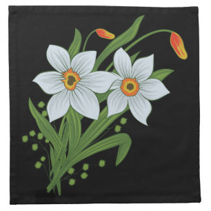 Tulips and Daffodils Flowers Black Background Napkin