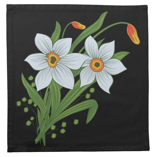 Tulips and Daffodils Flowers Black Background Napkin (Front)