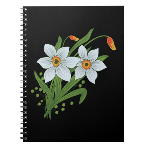 Tulips and Daffodils Flowers Black Background Notebook