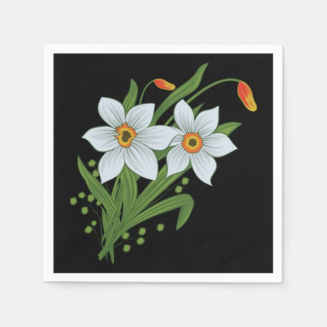 Tulips and Daffodils Flowers Black Background Paper Napkins (Front)