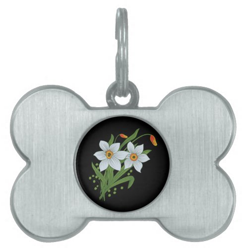 Tulips and Daffodils Flowers Black Background Pet Name Tag