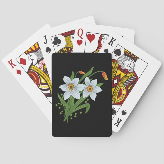Tulips and Daffodils Flowers Black Background Poker Cards (Back)