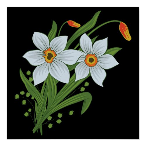 Tulips and Daffodils Flowers Black Background Poster