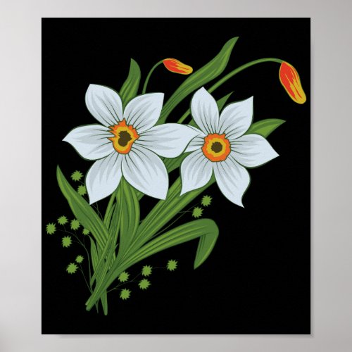 Tulips and Daffodils Flowers Black Background Poster