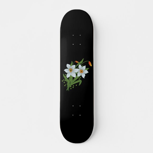 Tulips and Daffodils Flowers Black Background Skateboard Deck (Front)