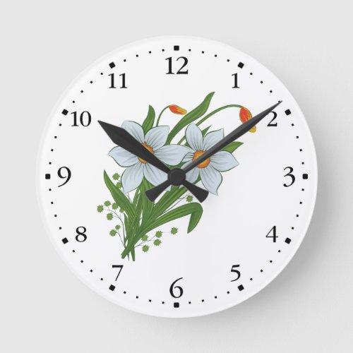 Tulips and Daffodils Flowers Clockface 1 Black Round Clock