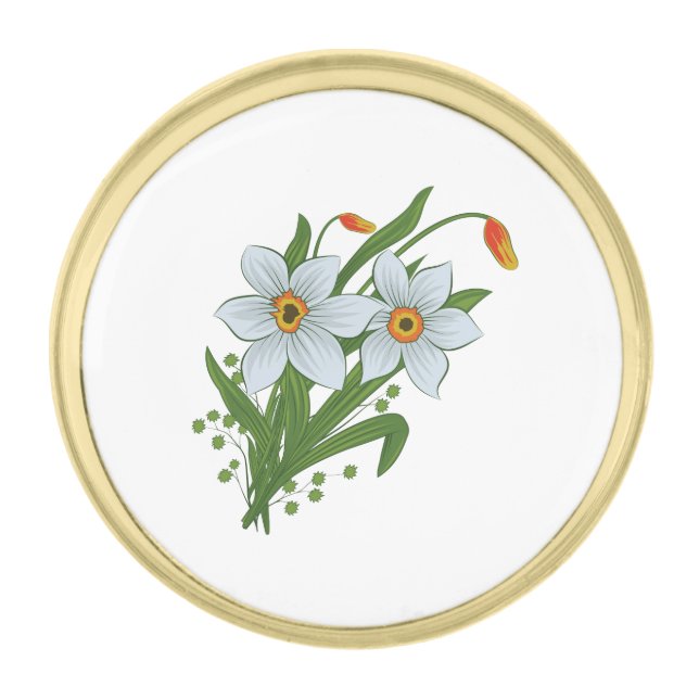 Tulips and Daffodils Flowers Gold Finish Lapel Pin (Front)