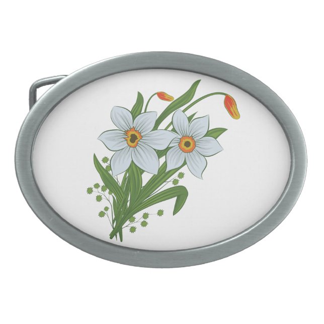 Tulips and Daffodils Flowers Oval Belt Buckle (Front)