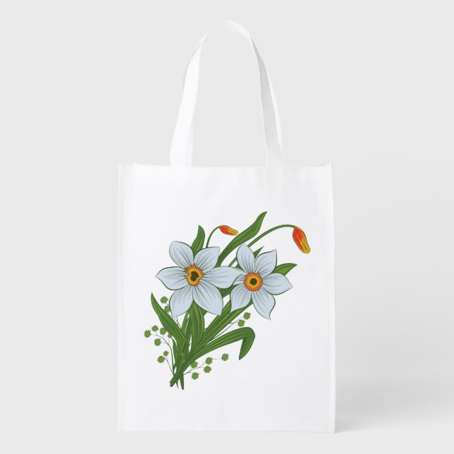 Tulips and Daffodils Flowers Reusable Grocery Bag (Front)