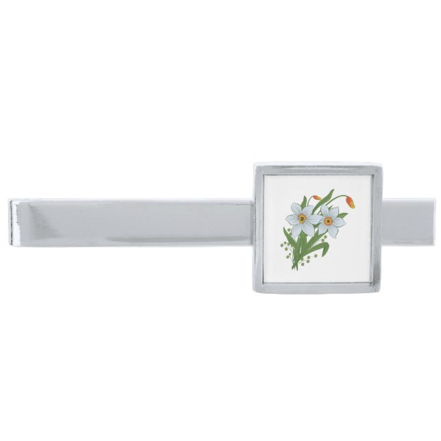 Tulips and Daffodils Flowers Silver Finish Tie Bar (Front)