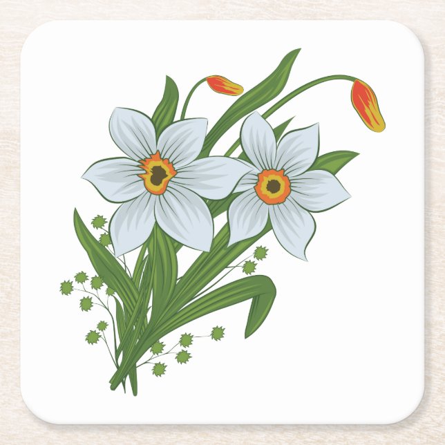 Tulips and Daffodils Flowers Square Paper Coaster (Front)
