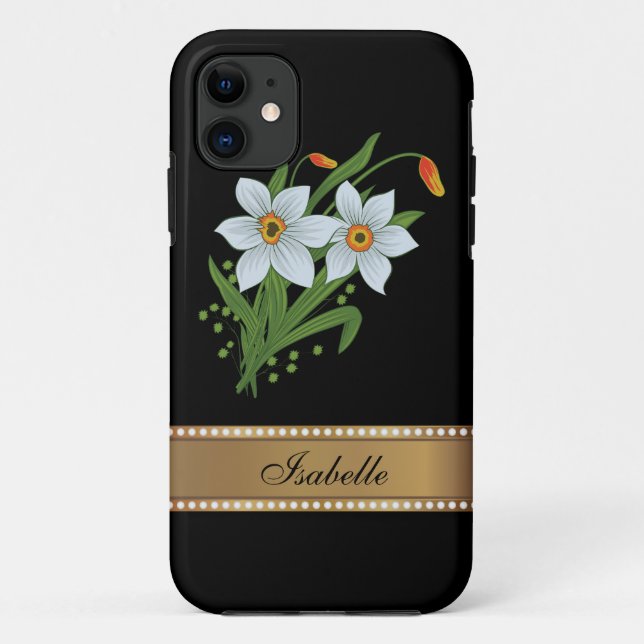 Tulips and Daffodils Gold Personalized Name Case-Mate iPhone Case (Back)