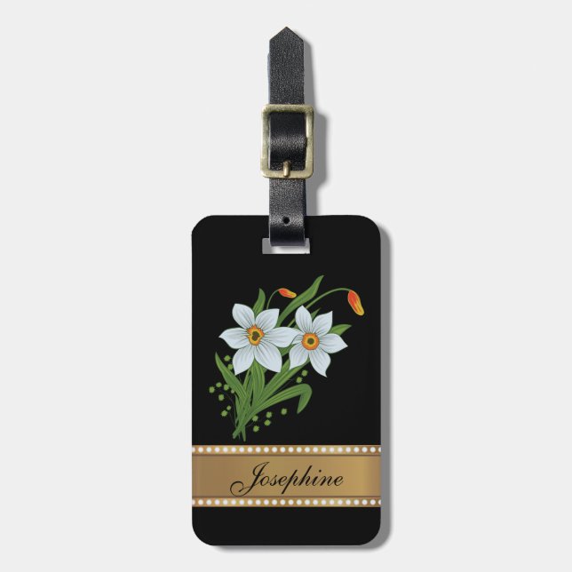 Tulips and Daffodils Gold Personalized Name Luggage Tag (Front Vertical)