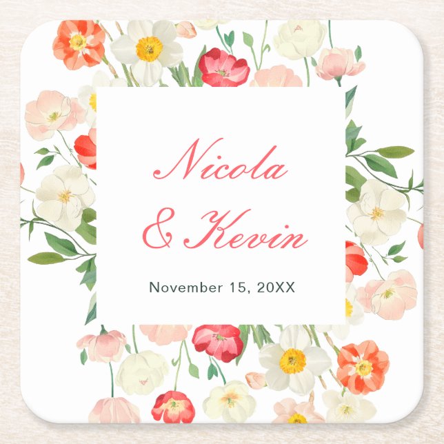 Tulips and Daffodils Spring Wedding Square Paper Coaster (Front)