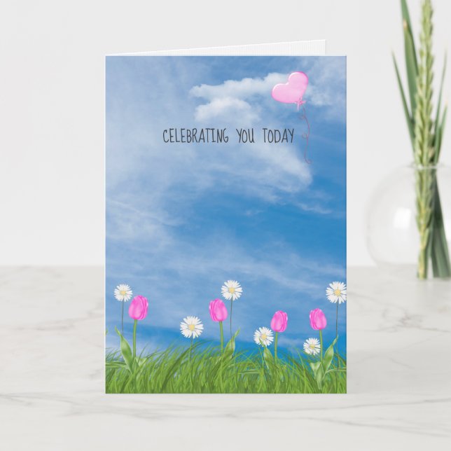 tulips and daisies in grass birthday card (Front)