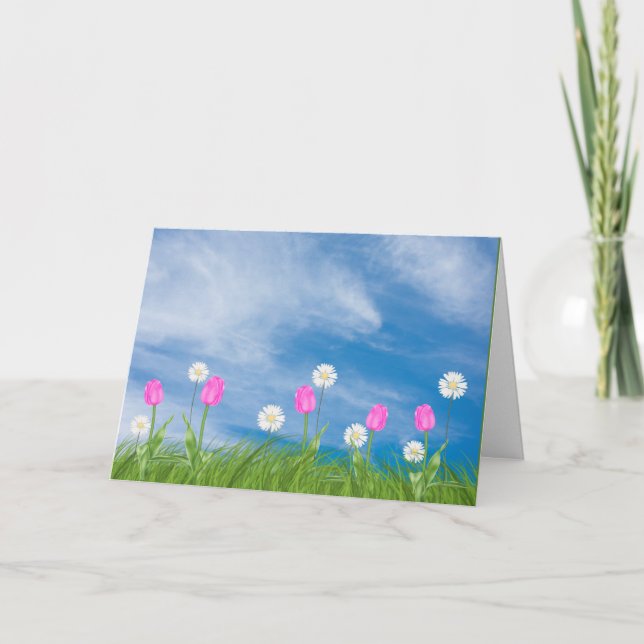 tulips and daisies in grass thinking of you card (Front)