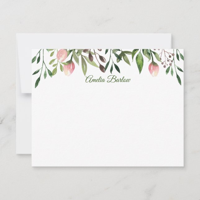 Tulips and Greenery Personalized Flat Note Card (Front)