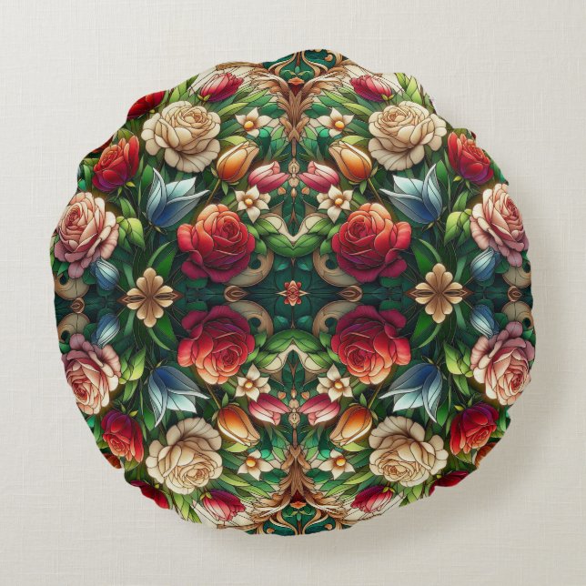 Tulips And Roses Stained Glass Design Round Pillow (Back)