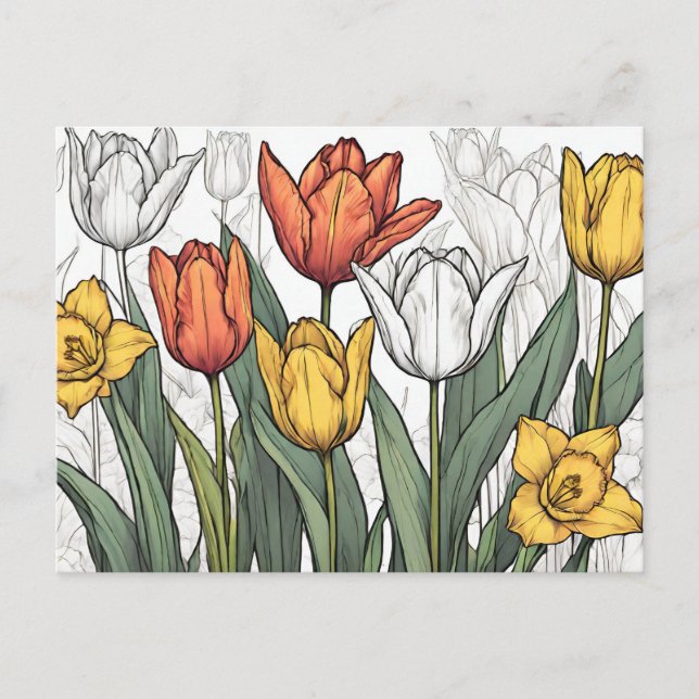 Tulips and Yellow Daffodil Flowers Spring Flowers  Postcard (Front)