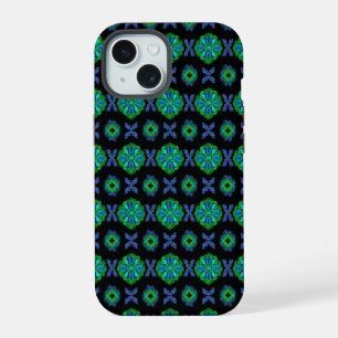 Tulips Artdeco in Retro style green blue black iPhone 15 Case