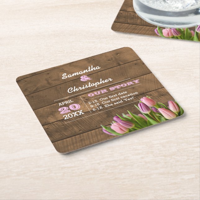Tulips & Barnwood Pastel Personalized Wedding Square Paper Coaster (Angled)