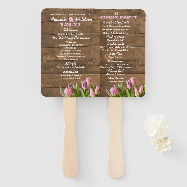 Tulips & Barnwood Wedding Program Hand Fans (Front and Back)