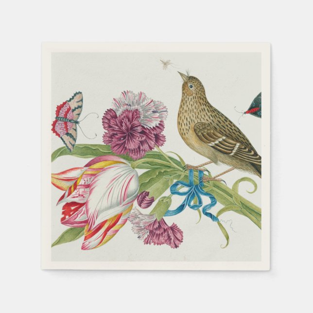 Tulips, Bird Butterfly  Fine Art Paper Napkins (Front)