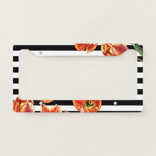 Tulips Black Stripes Chic License Plate Frame