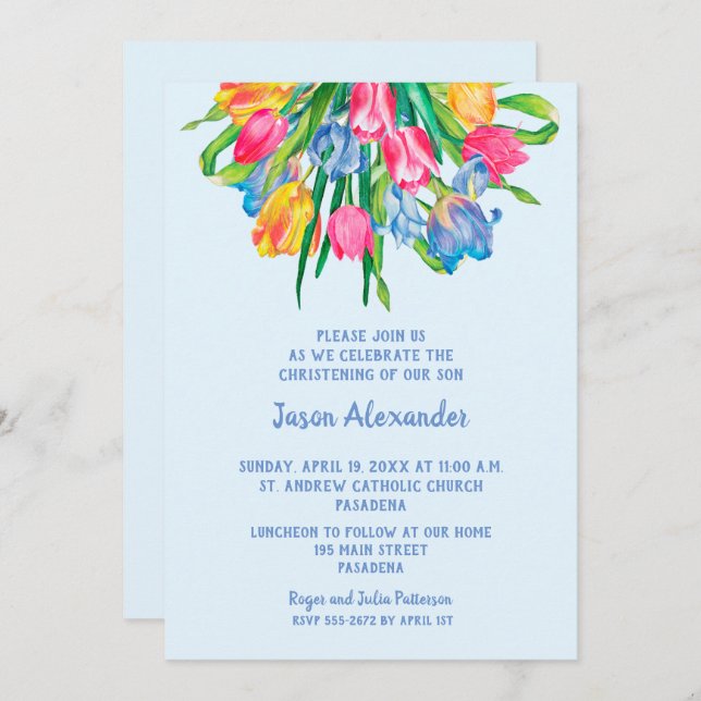 Tulips Boy Christening Baptism Invitations (Front/Back)