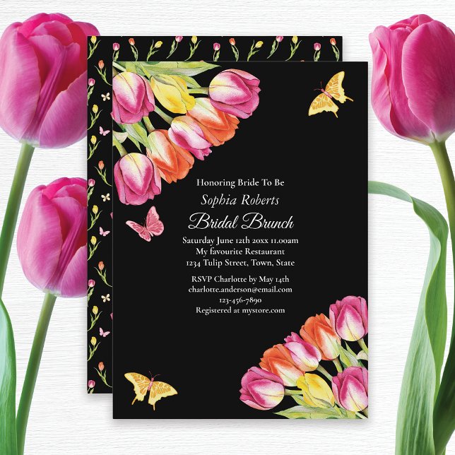 Tulips & Butterflies Black Bridal Brunch  Invitation (Creator Uploaded)