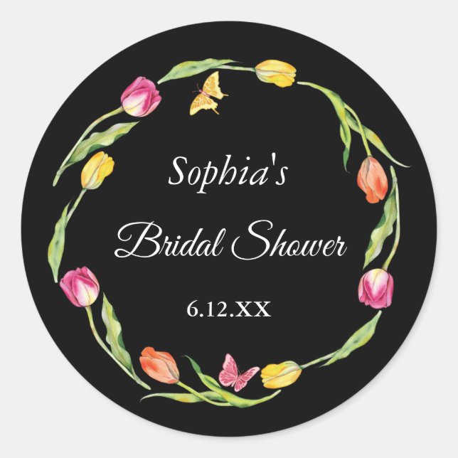 Tulips & Butterflies Black Bridal Shower  Classic Round Sticker (Front)