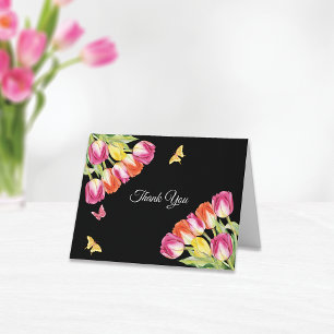 Tulips & Butterflies Black Bridal Shower Letterpress Thank You Card