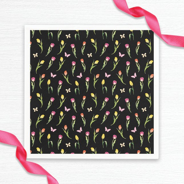 Tulips & Butterflies Black Pattern Bridal Shower  Napkins (Creator Uploaded)
