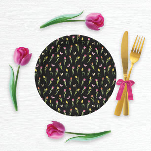 Tulips & Butterflies Black Pattern  Paper Plates