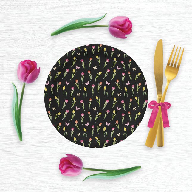 Tulips & Butterflies Black Pattern  Paper Plates (Creator Uploaded)