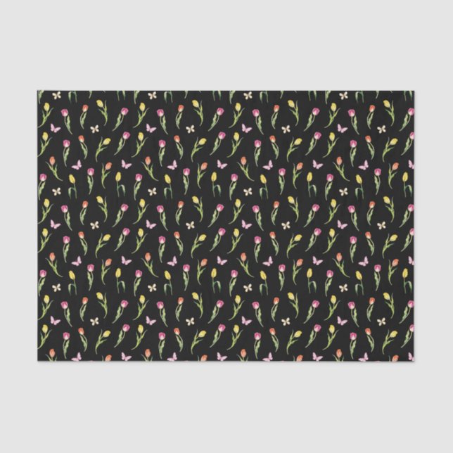 Tulips & Butterflies Black Pattern  Tissue Paper (Front)