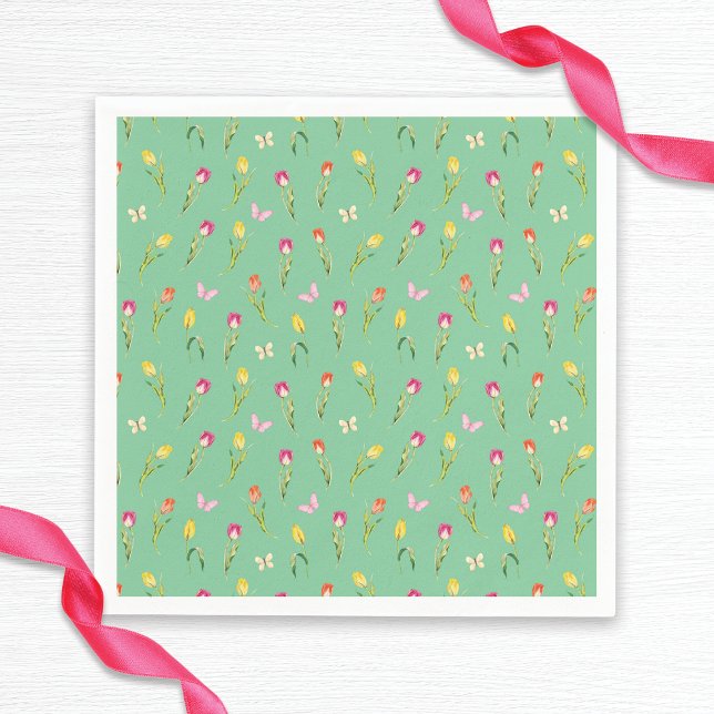 Tulips & Butterflies Green Pattern Bridal Shower  Napkins (Creator Uploaded)