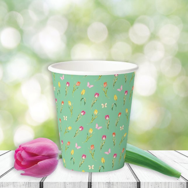 Tulips & Butterflies Green Pattern  Paper Cups (Creator Uploaded)