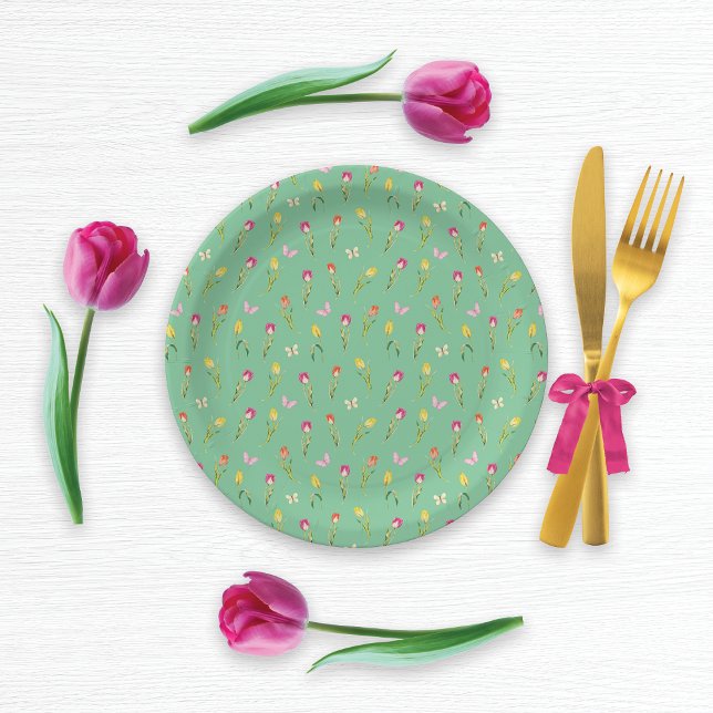 Tulips & Butterflies Green Pattern  Paper Plates (Creator Uploaded)