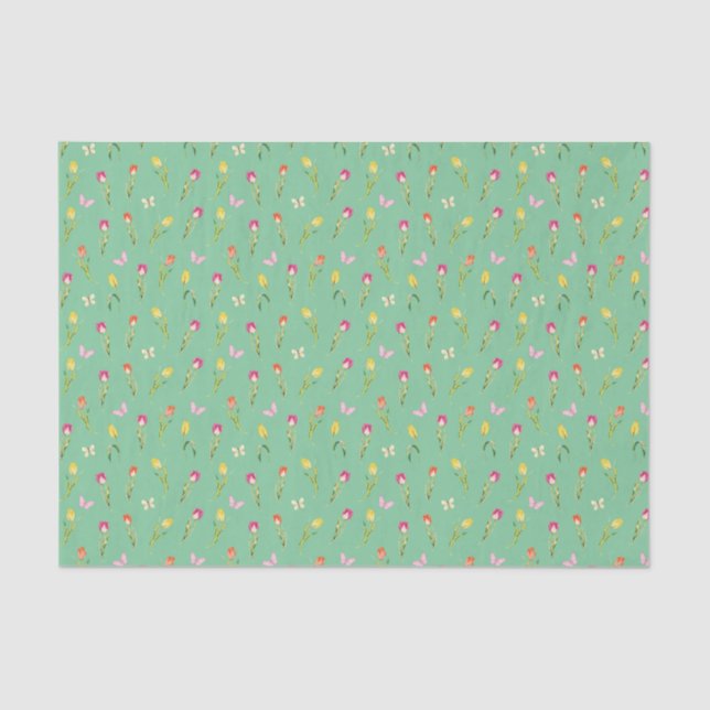 Tulips & Butterflies Green Pattern  Tissue Paper (Front)