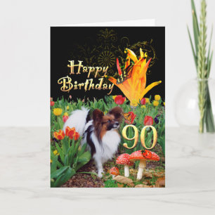 Tulips butterflies papillon dog 90 Birthday Card
