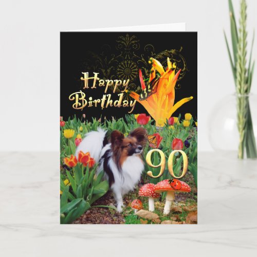 Tulips butterflies papillon dog 90 Birthday Card