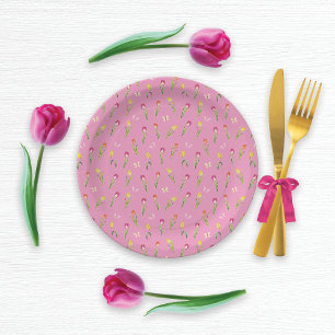 Tulips & Butterflies Pink Pattern  Paper Plates