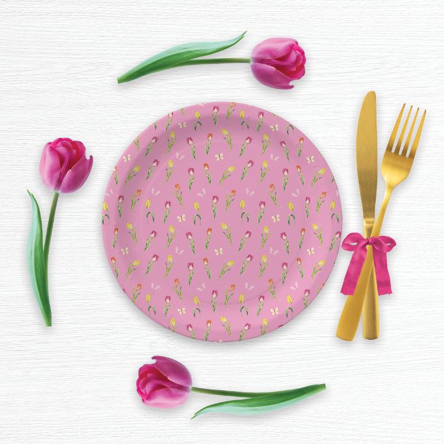 Tulips & Butterflies Pink Pattern  Paper Plates (Creator Uploaded)