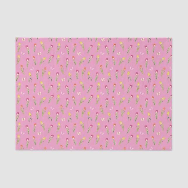 Tulips & Butterflies Pink Pattern  Tissue Paper (Front)