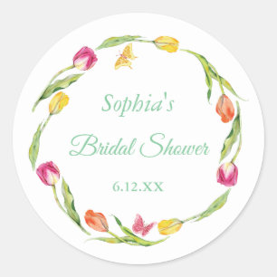 Tulips & Butterflies White Bridal Shower Classic Round Sticker